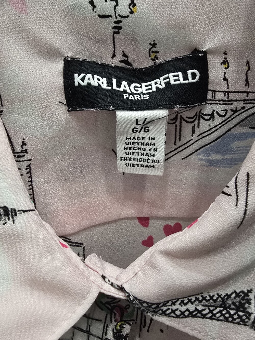 Karl Lagerfeld Paris Pink Eiffel Tower Print Button-Up Blouse Large - Picture 7 of 11